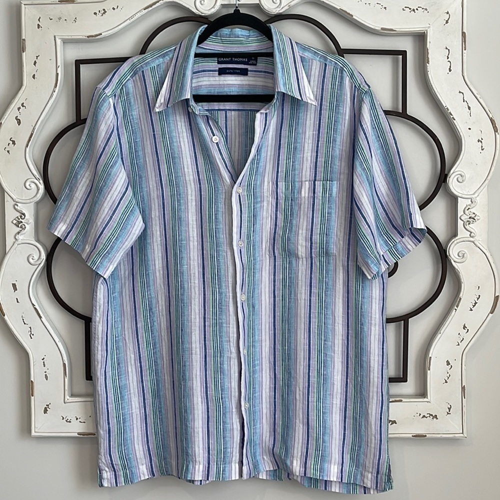 GRANT THOMAS PURE LINEN STRIPE BUTTON DOWN SHIRT SIZE MEDIUM